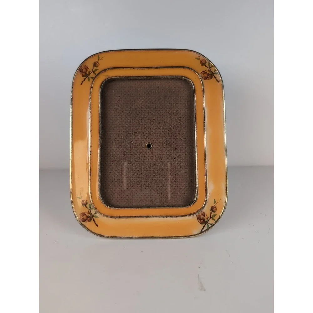 Heavy Enamel Floral Picture Frame 5x6 Vintage Gold tone Metal W/Roses